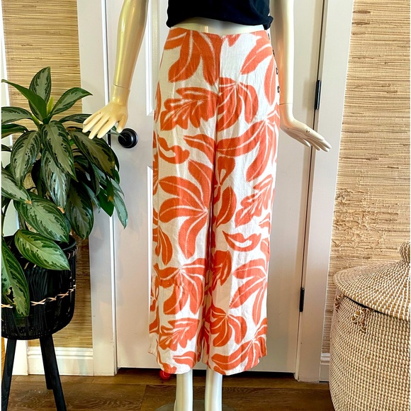 Sienna Sky Pants - Orange and White Leaf Print Women's Linen Blend Pants